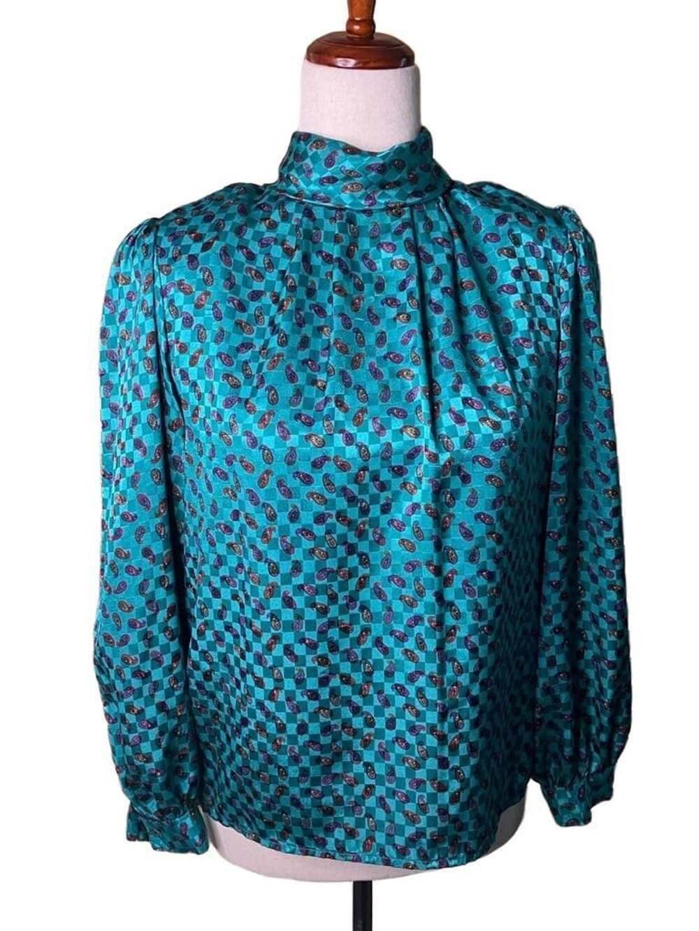 Natali Blouse Size 6 Teal Checkered Paisley Mock Neck Vintage
